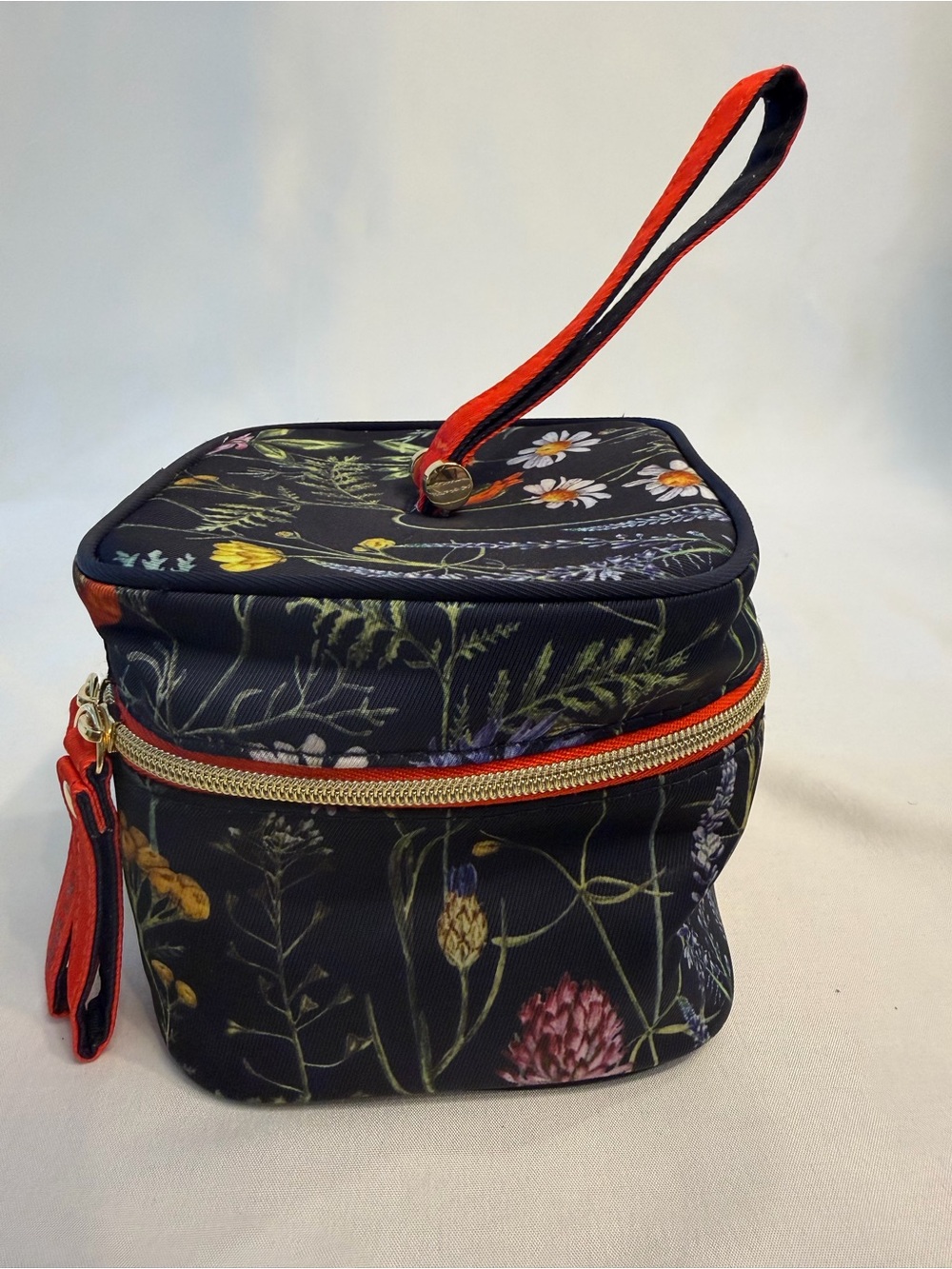 Black Floral Cosmetic Case with Red Accents